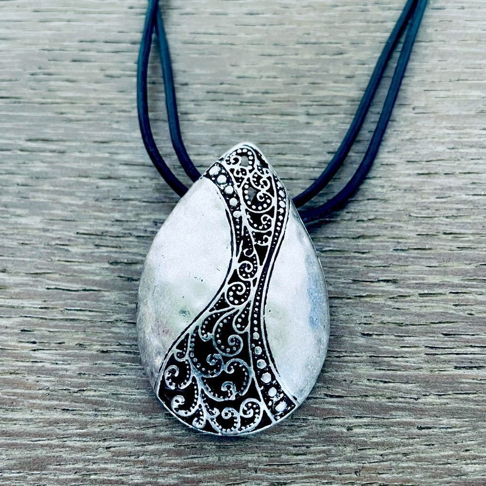 Silver Scroll Teardrop Pendant Black Cord Necklace